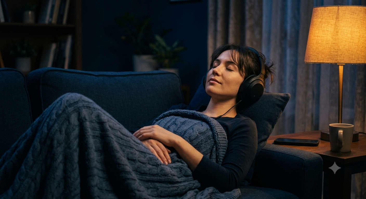 Personne confortablement installée chez elle avec un casque audio pour sa séance d'hypnose en visio